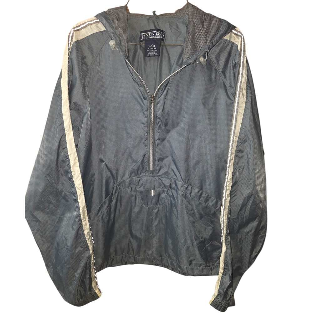 Lands' End Men's Pullover Hooded Size L Reflective Stripe Anorak Windbreaker